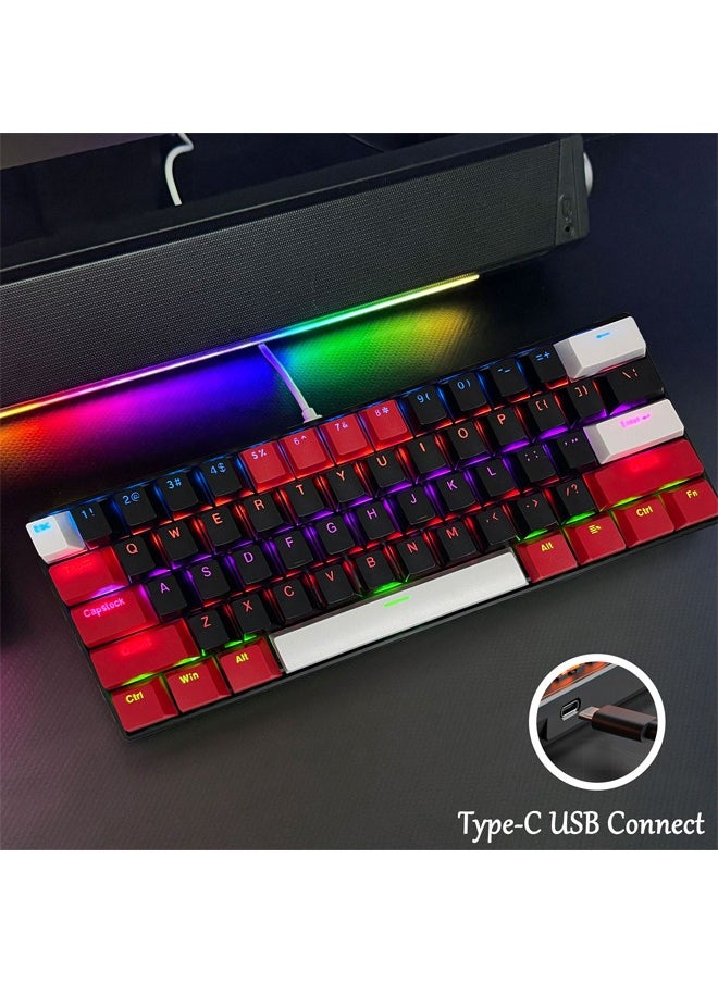 لوحة مفاتيح ألعاب RGB مكونة من 61 مفتاحًا مقاومة للماء سلكية صغيرة بنسبة 60% مع لوحة مفاتيح مضادة للظلال وأغطية مفاتيح ثلاثية الألوان مع مفتاح أحمر للاعبين (أسود وأحمر وأبيض)