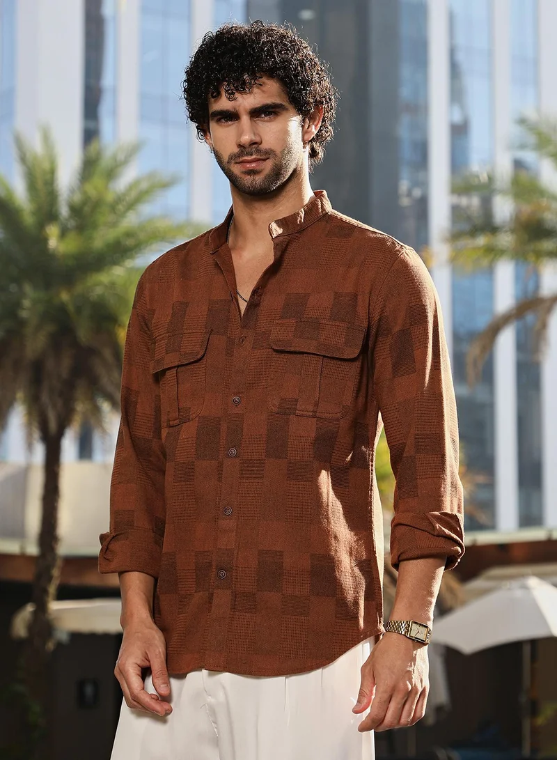 Campus Sutra Men's Russet Brown Mandarin Utility Shirt