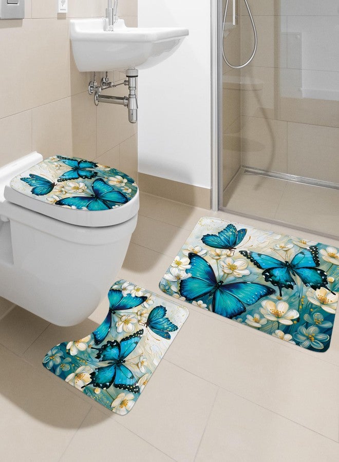 Ufeela 4 PCS Teal Green Butterfly Shower Curtain Set 72Wx72H Inch Spring Floral Flower Complete Bathroom Set Non-Slip Bath Rug Toilet Lid Cover and U Shape Mat Accessories 12 Hooks Bathoom Decor - Image 2