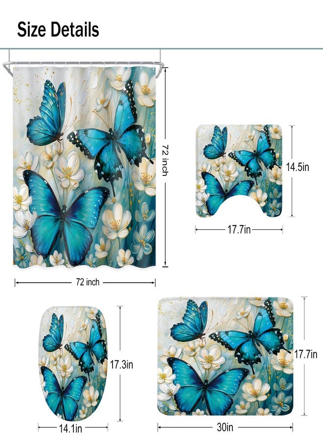 Ufeela 4 PCS Teal Green Butterfly Shower Curtain Set 72Wx72H Inch Spring Floral Flower Complete Bathroom Set Non-Slip Bath Rug Toilet Lid Cover and U Shape Mat Accessories 12 Hooks Bathoom Decor - Image 4