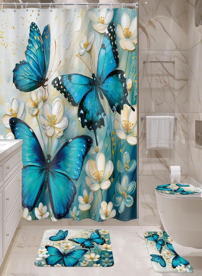 Ufeela 4 PCS Teal Green Butterfly Shower Curtain Set 72Wx72H Inch Spring Floral Flower Complete Bathroom Set Non-Slip Bath Rug Toilet Lid Cover and U Shape Mat Accessories 12 Hooks Bathoom Decor - Image 3