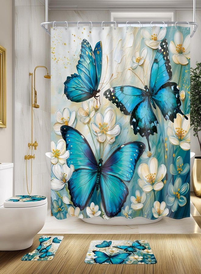 Ufeela 4 PCS Teal Green Butterfly Shower Curtain Set 72Wx72H Inch Spring Floral Flower Complete Bathroom Set Non-Slip Bath Rug Toilet Lid Cover and U Shape Mat Accessories 12 Hooks Bathoom Decor - Image 1