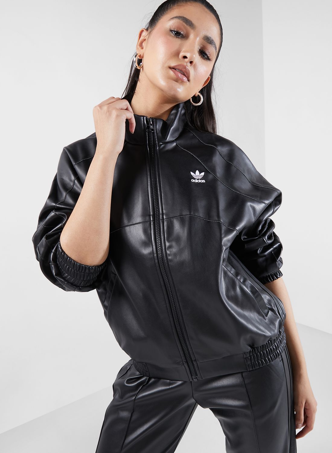 レザージャケット adidas originals PU Jacket Series Fashion Logo Faux Leather adidas Originals Black Faux Leather Jacket for Women | Best