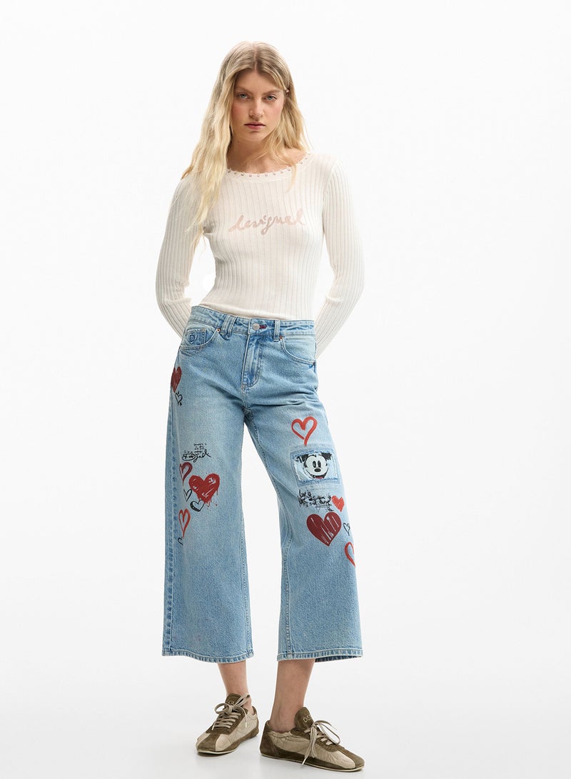 DESIGUAL Straight-Cut Denim Pants With A Mickey Mouse™ Print - Image 1