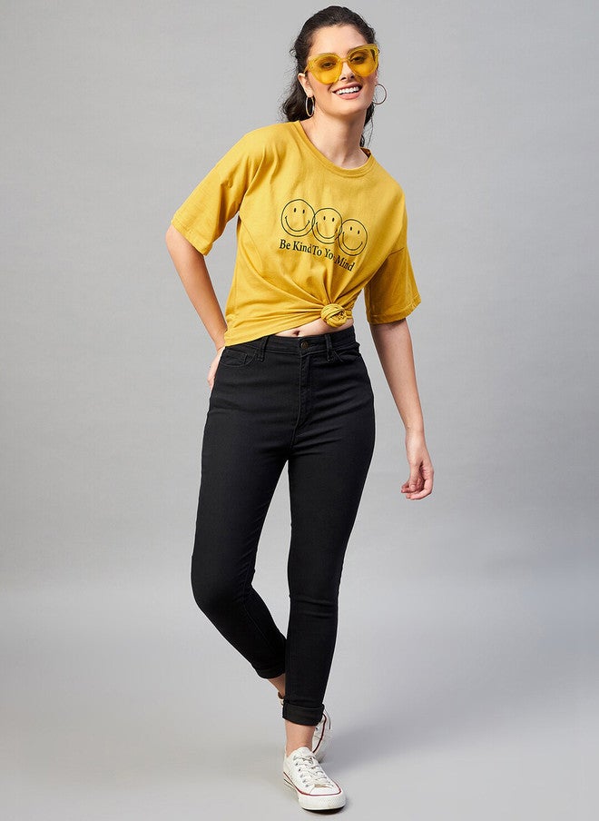 CHIMPAAANZEE Women Yellow Typography Printed Raw Edge T-shirt - Image 1