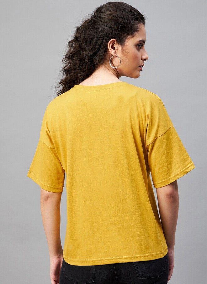 CHIMPAAANZEE Women Yellow Typography Printed Raw Edge T-shirt - Image 5