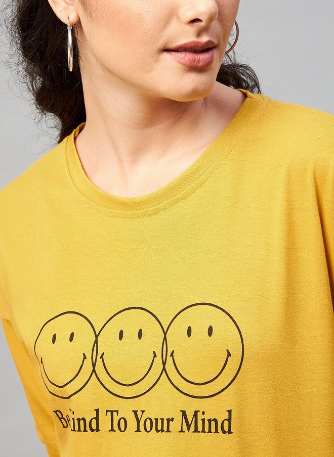 CHIMPAAANZEE Women Yellow Typography Printed Raw Edge T-shirt - Image 2