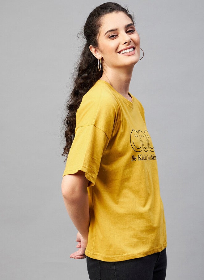 CHIMPAAANZEE Women Yellow Typography Printed Raw Edge T-shirt - Image 3