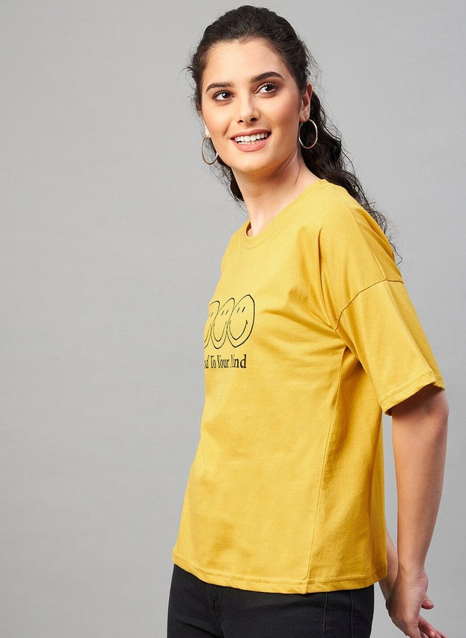 CHIMPAAANZEE Women Yellow Typography Printed Raw Edge T-shirt - Image 4