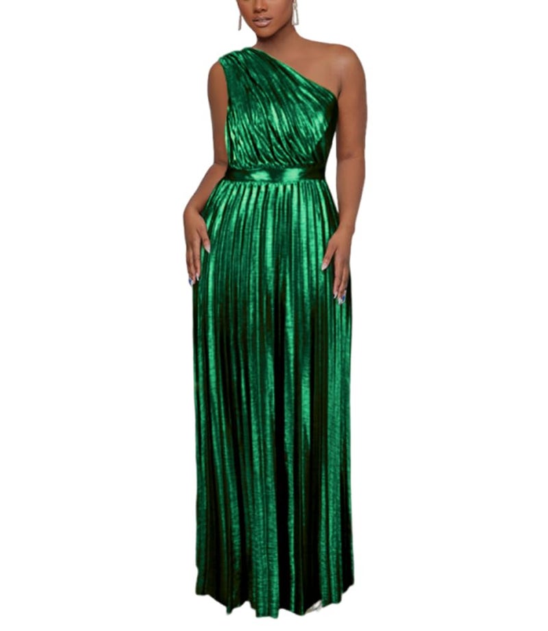 AOMEI Women's Dark Green Luxury Metallic One Shoulder Sleeveless Elegant Pleated Long Dress (XXXL,3X-Large) - Image 1
