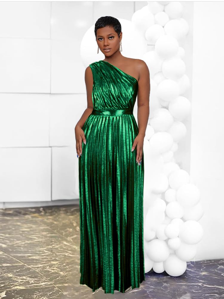 AOMEI Women's Dark Green Luxury Metallic One Shoulder Sleeveless Elegant Pleated Long Dress (XXXL,3X-Large) - Image 2