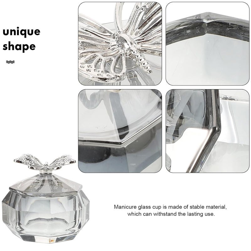 Manicure Nail Glass Cup with Lid Thickened Crystal Nail Art Dish and Brush Washing Octagonal Dark Gray Salon and Home Use - Image 3