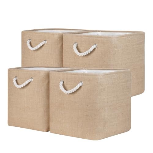 Temary Storage Baskets for Shelves 13 Inch Baskets for Gifts Empty 4 Pack Shelf Baskets Decorative Storage Baskets Cube Collapsible Storage Bins Cubes with Handles for Storage Linen Yellow - Image 1