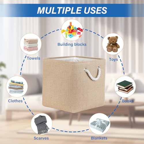 Temary Storage Baskets for Shelves 13 Inch Baskets for Gifts Empty 4 Pack Shelf Baskets Decorative Storage Baskets Cube Collapsible Storage Bins Cubes with Handles for Storage Linen Yellow - Image 3
