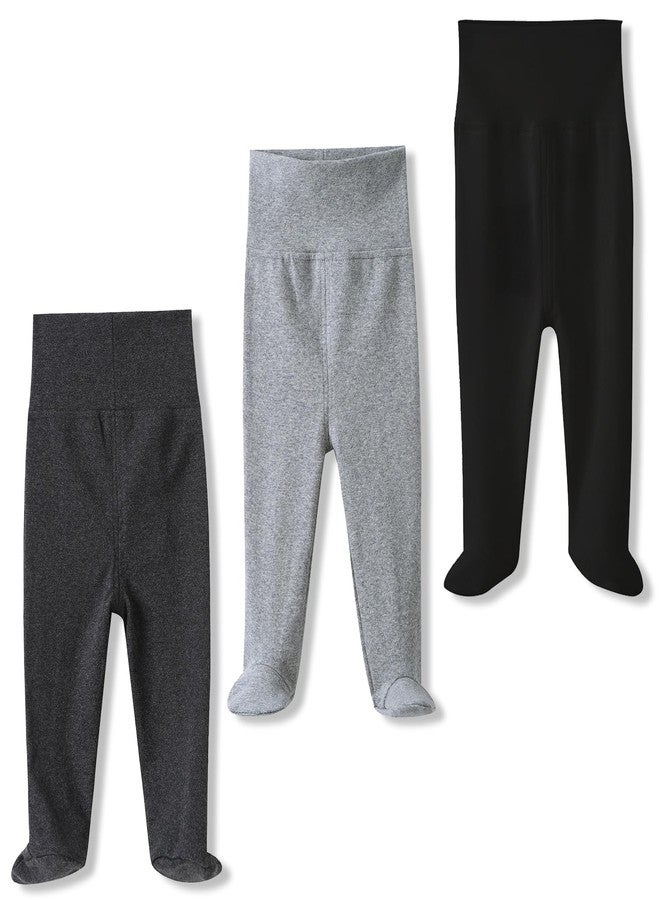 ACESTAR Newborn Baby Boys Girls 3-Pack Cotton High Waist Footed Pants 3-6 Months, Black and Dark&Light Grey - Image 1