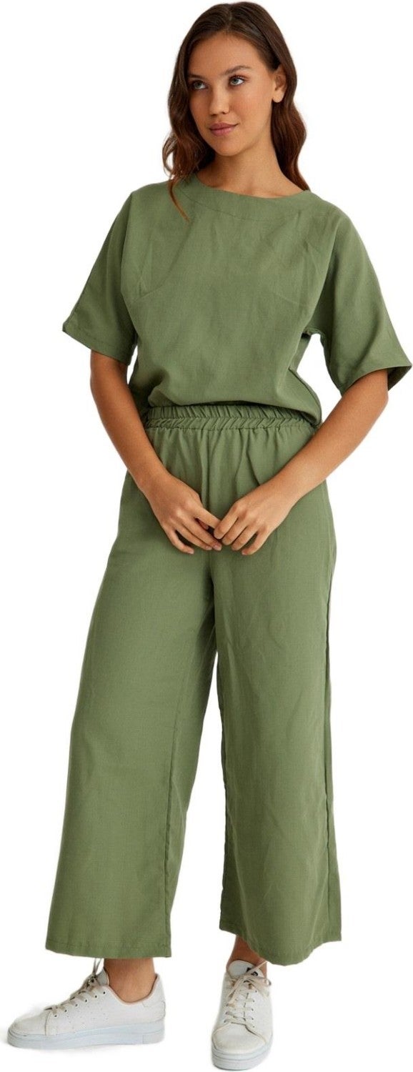 Barbora Linen Casual Comfortable Elastic Waist Women's Two Piece Set Bottom Top LN10HAKI7  - Image 1