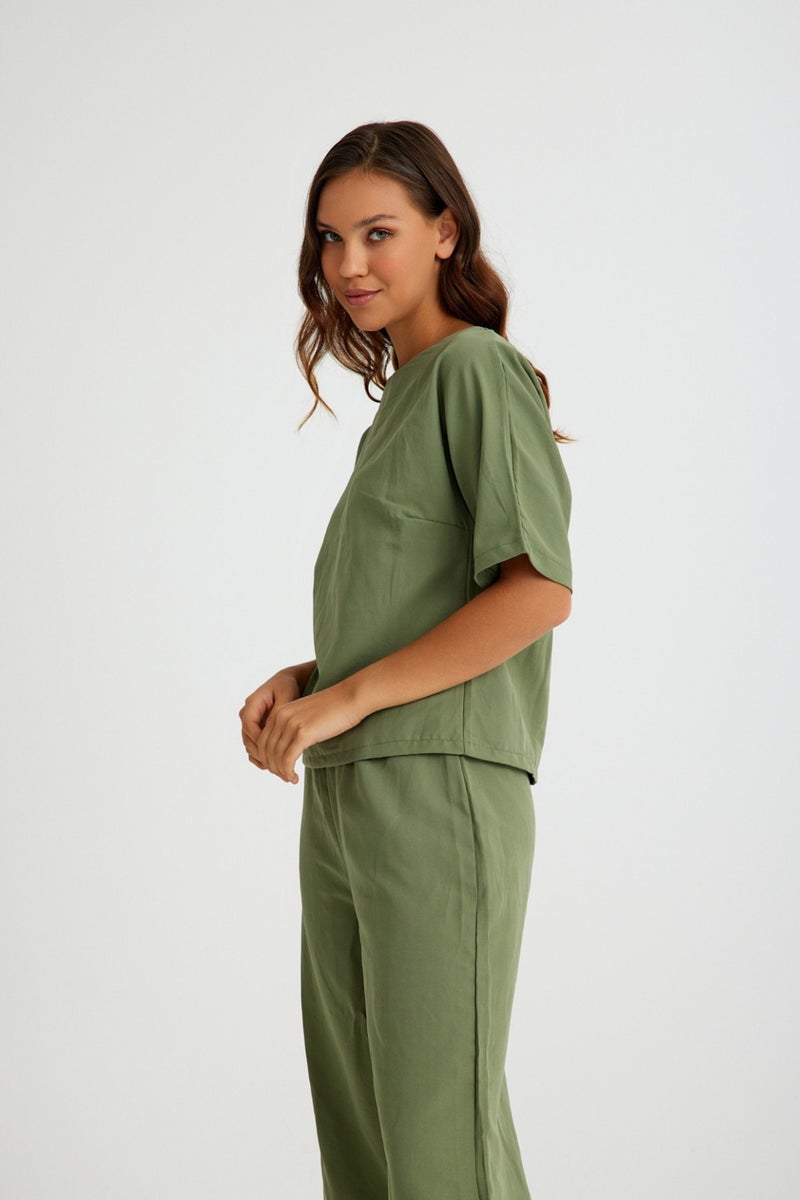 Barbora Linen Casual Comfortable Elastic Waist Women's Two Piece Set Bottom Top LN10HAKI7  - Image 5