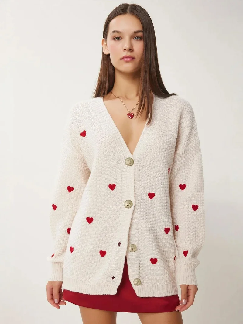 إسطنبول الساحرة ISTANBUL Long V-Neck Cardigan with Heart Pattern