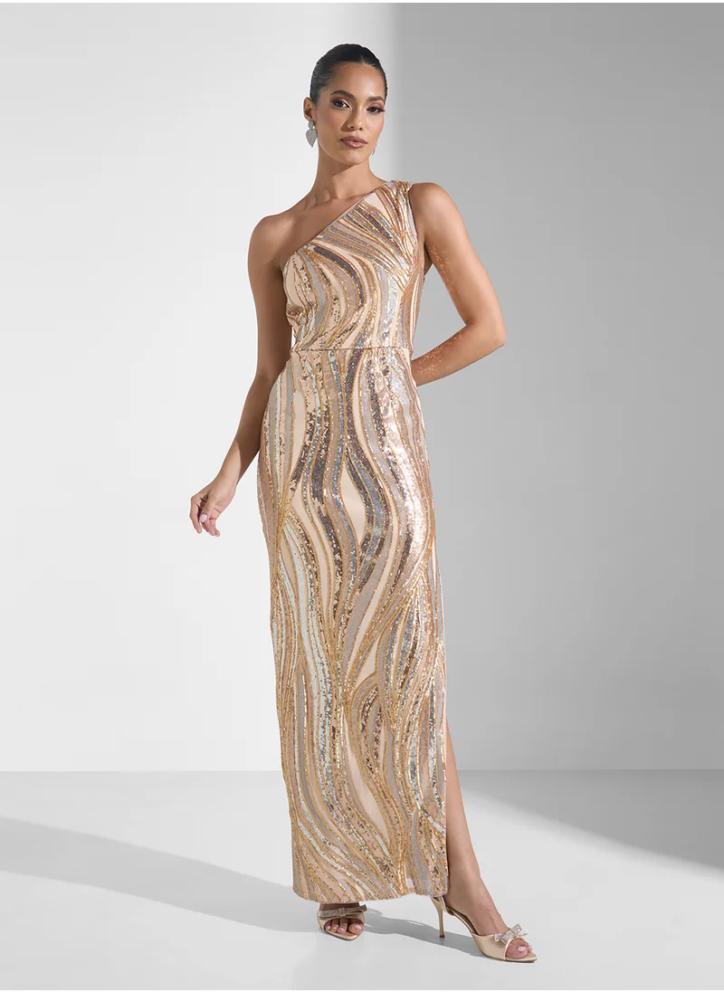 ادريانا بابيل Embellished Side Slit One Shoulder Dress