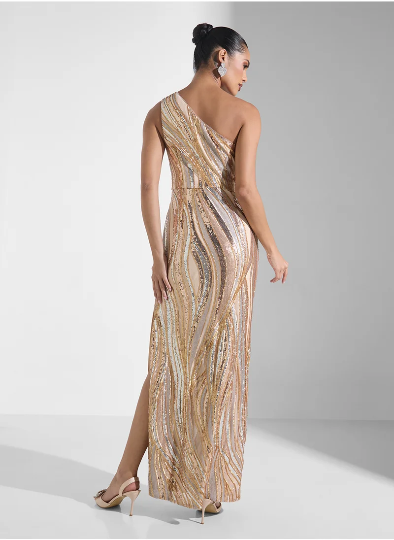 ادريانا بابيل Embellished Side Slit One Shoulder Dress