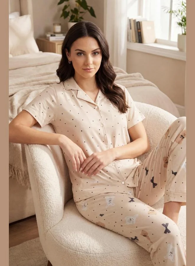 Lela Lela Patterned Regular Fit Buttoned Short-Sleeved Soft Textured Pajama Set for Women PAJAMAS SET 65770110