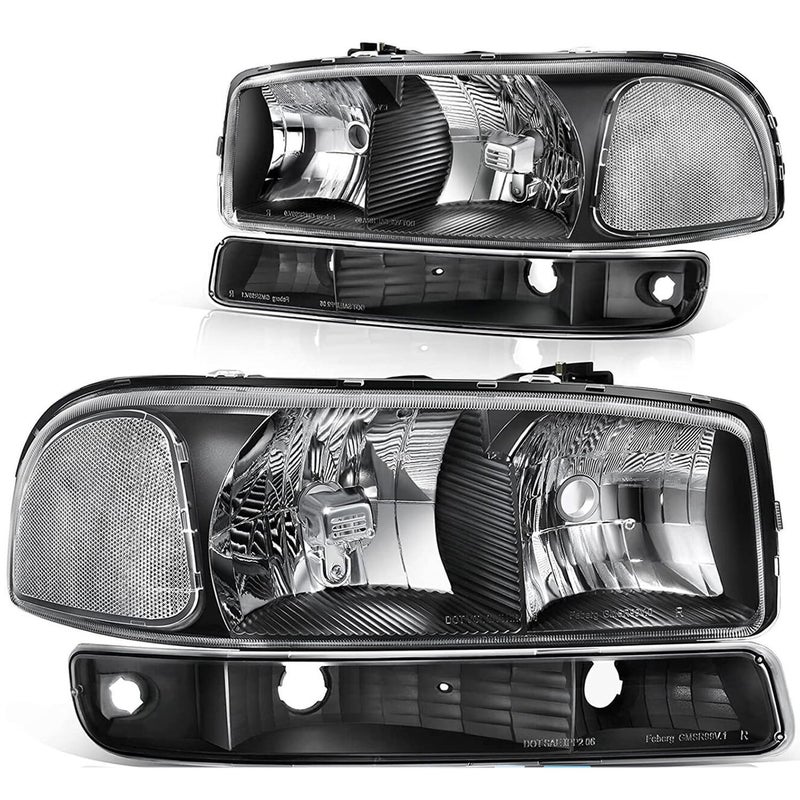 APSVE Headlight Assembly For 9907 GMC Sierra 1500 9904 Sierra 2500 0107 Sierra 1500HD 2500HD 3500HD 9906 Yukon 0006 Yukon XL 1500 2500 Headlights wBumper Signal Lamps Black