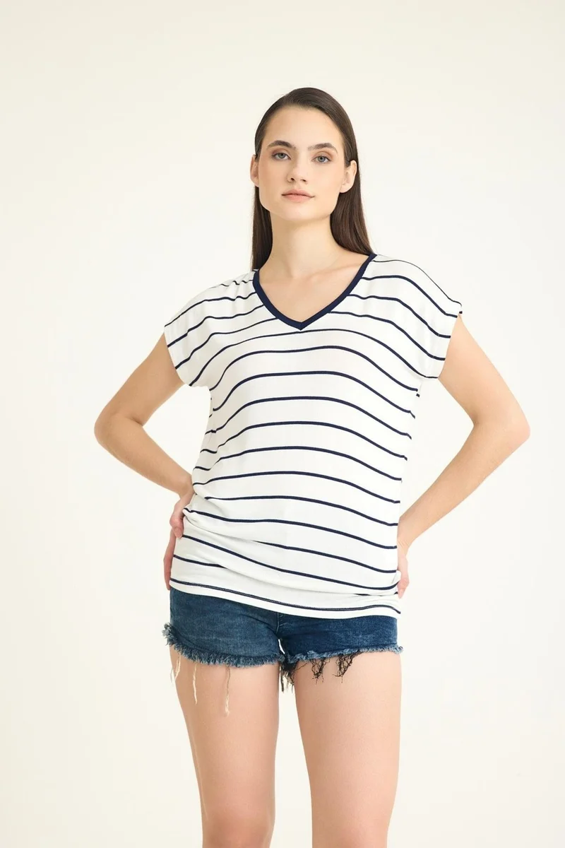 Cotenconcept V Neck Striped Mercerized Flowy T-Shirt
