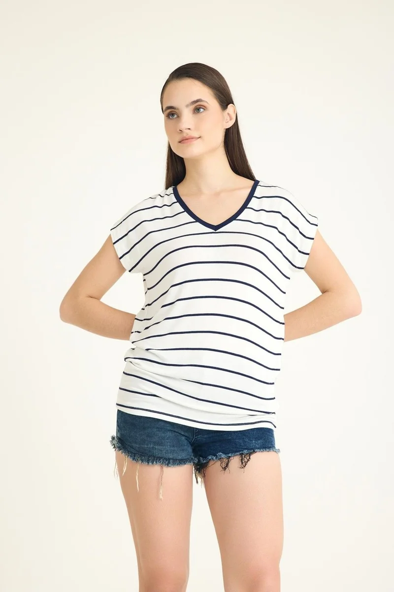 Cotenconcept V Neck Striped Mercerized Flowy T-Shirt