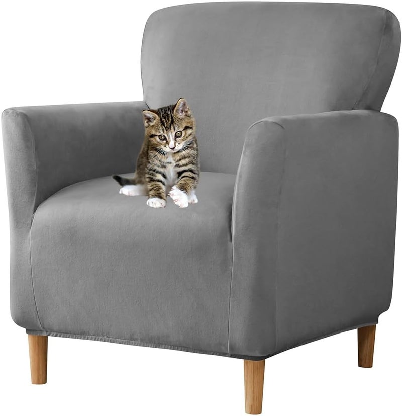 SONNACH Stretch Chair Covers with Arms 1-Piece Banquet Armchair Slipcover Velvet Mid Century Modern Armchair Slipcover Anti-Slip Furniture Protector for Living Room Friendly for Kids Pets (Dark Grey) - Image 1