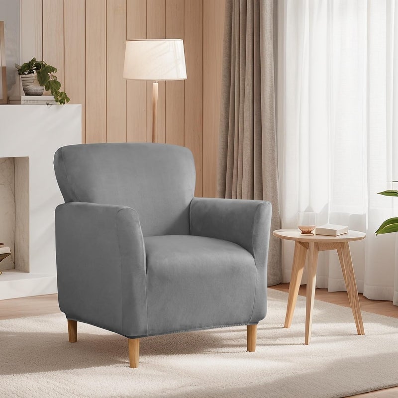 SONNACH Stretch Chair Covers with Arms 1-Piece Banquet Armchair Slipcover Velvet Mid Century Modern Armchair Slipcover Anti-Slip Furniture Protector for Living Room Friendly for Kids Pets (Dark Grey) - Image 2