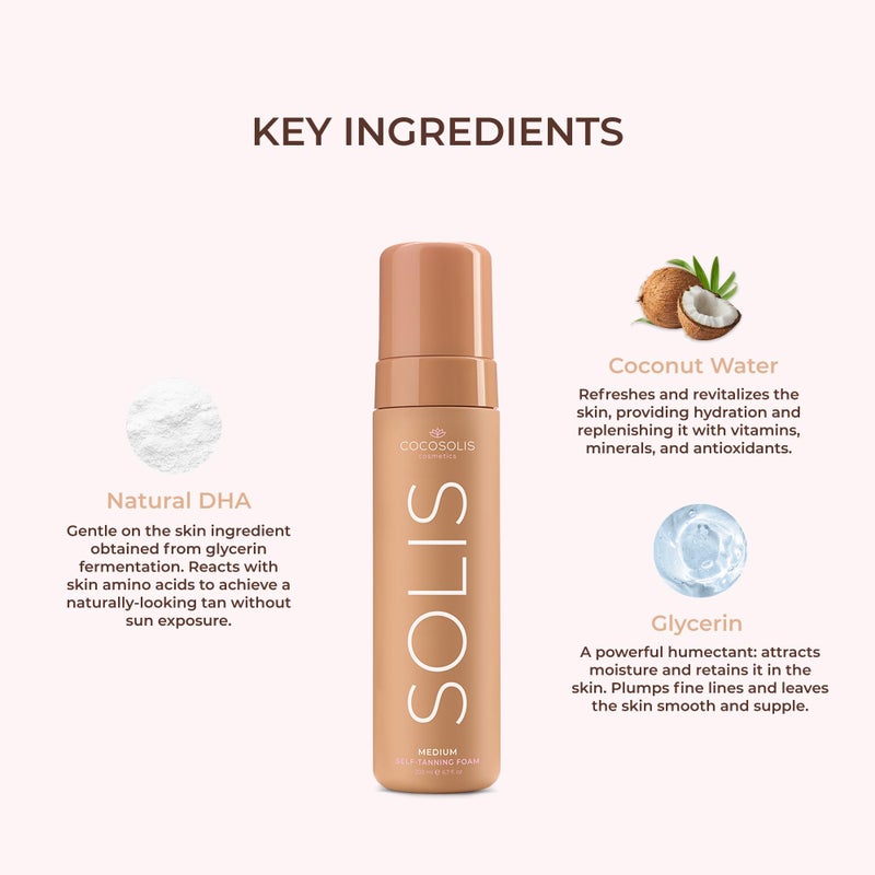 COCOSOLIS SOLIS medium self-tanning lotion for face and body, mousse for a rich, natural and long-lasting tan, with plant-based DHA (200 ml) - Image 4