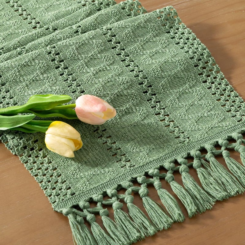 Socomi Sage Green Boho Table Runner Macrame Easter Spring Farmhouse Woven Cotton Linen Rustic Coffee Table Runner with Tassels for Small Dresser Scarf Home Decor Dining Room 12x72 inch - Image 1