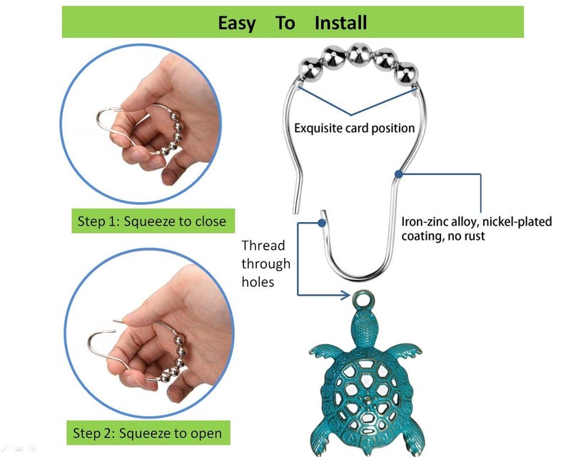 Aimoye Nautical Green Sea Turtles Beach Theme Shower Curtain Hooks, Blue Ocean Decor Shower Hooks for Shower Curtain, Tropical Shower Curtain Rings Rust Proof Shower Curtain Hanger Clips - Image 4