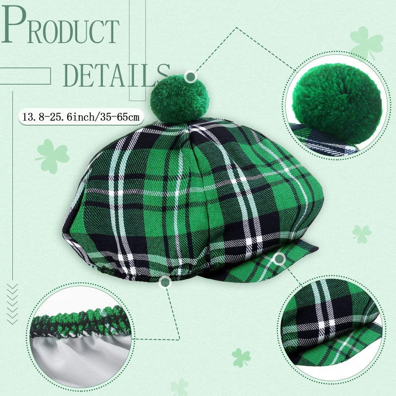 Funtery 2 Pcs St. Patrick's Day Costume Kit Irish Plaid Green Kilt for Men Scottish Tam with Pompom Tartan Skirt Kilts St Patricks Day Scottish Hat for Men Women - Image 2