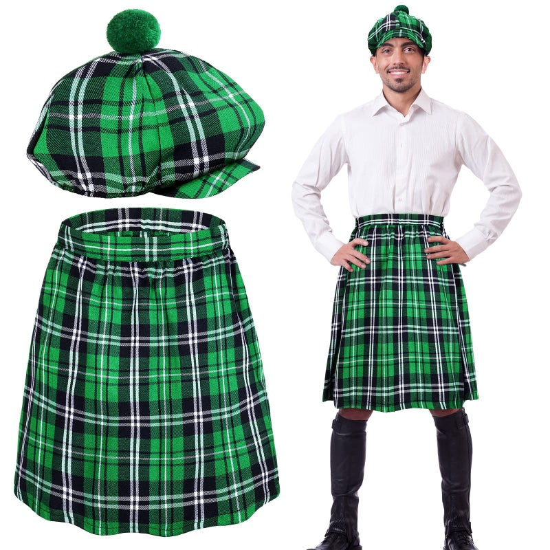 Funtery 2 Pcs St. Patrick's Day Costume Kit Irish Plaid Green Kilt for Men Scottish Tam with Pompom Tartan Skirt Kilts St Patricks Day Scottish Hat for Men Women - Image 1