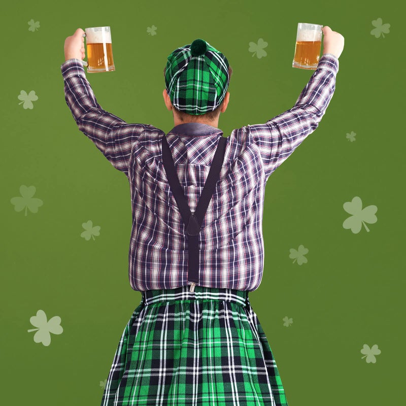 Funtery 2 Pcs St. Patrick's Day Costume Kit Irish Plaid Green Kilt for Men Scottish Tam with Pompom Tartan Skirt Kilts St Patricks Day Scottish Hat for Men Women - Image 5