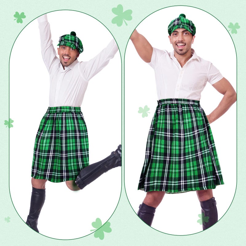 Funtery 2 Pcs St. Patrick's Day Costume Kit Irish Plaid Green Kilt for Men Scottish Tam with Pompom Tartan Skirt Kilts St Patricks Day Scottish Hat for Men Women - Image 4