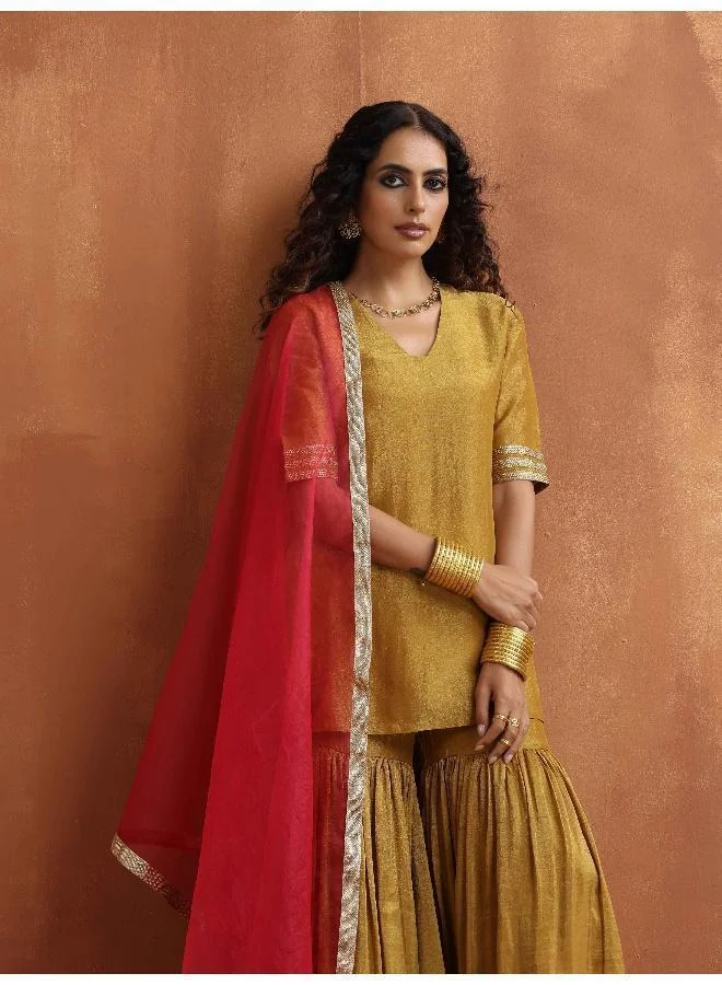 trueBrowns Gold Tissue Sharara Dupatta Set