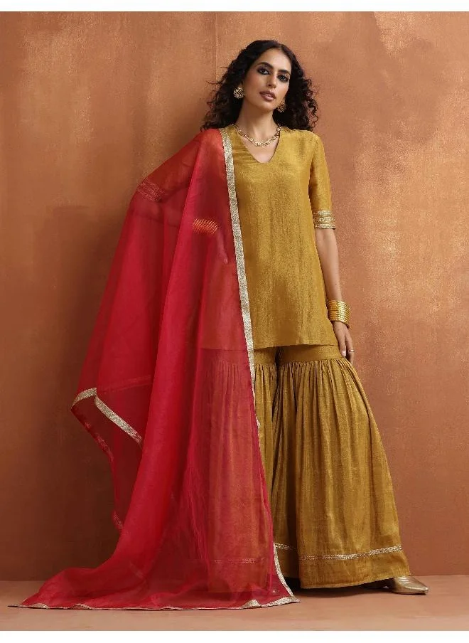 trueBrowns Gold Tissue Sharara Dupatta Set