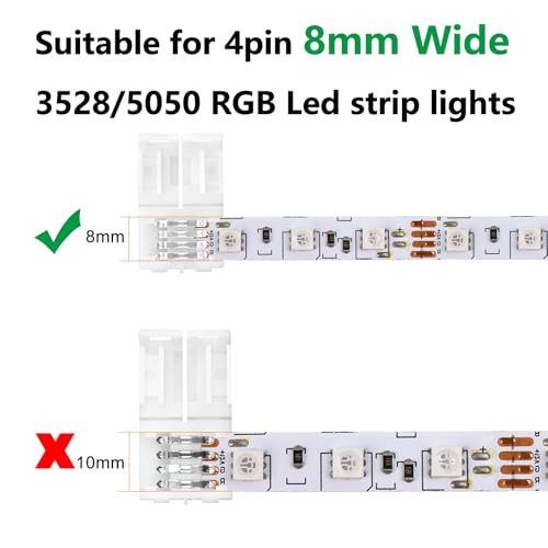 VIPMOON 20 Pack 4 Pin 8mm Led Strip Connectors, 4pin RGB Connectors Solderless Adapter, for 8mm Wide SMD 2835 3528 Multicolor Waterproof or Non-Waterproof LED Strip Light - Image 2