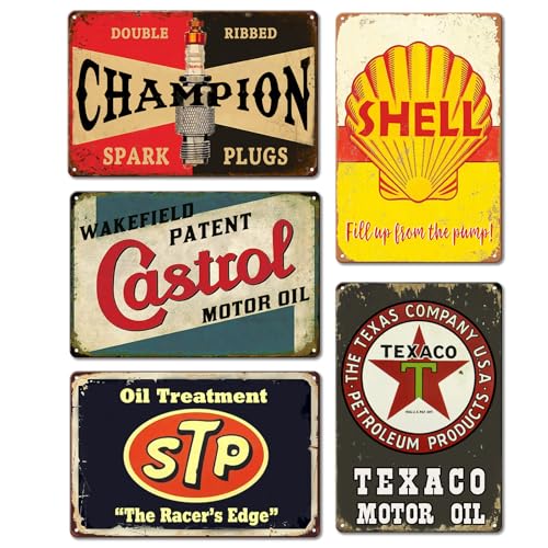 CWEIDP Vintage Metal Tin Signs Retro Garage Signs For Men Wall Decorations Old Car Shop Posters Oil And Gas Station Sign Man Cave Decor 5 Pces 8×12 Inch - Image 1