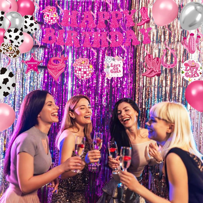 LINHAXM Cowgirl Birthday Party Decorations â€“ Plates, Napkins, Cups, Banner, Hanging Swirls, Tablecloths, Balloons, Cake & Cupcake Toppers, Honeycomb Centerpieces â€“ Disco Cowgirl Party Decorations, Serves 24 - Image 4