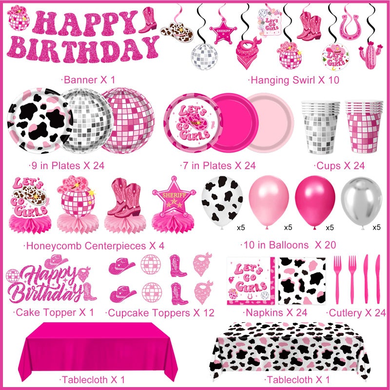 LINHAXM Cowgirl Birthday Party Decorations â€“ Plates, Napkins, Cups, Banner, Hanging Swirls, Tablecloths, Balloons, Cake & Cupcake Toppers, Honeycomb Centerpieces â€“ Disco Cowgirl Party Decorations, Serves 24 - Image 2