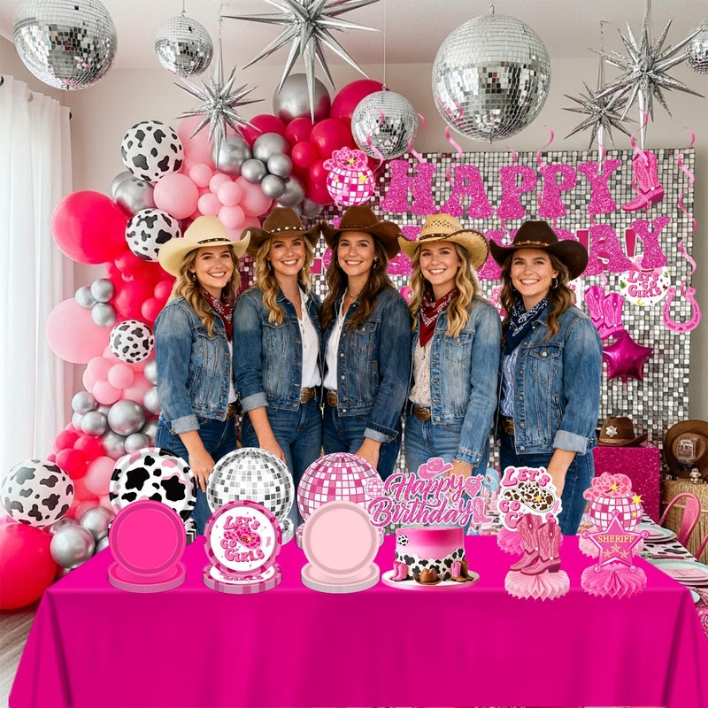 LINHAXM Cowgirl Birthday Party Decorations â€“ Plates, Napkins, Cups, Banner, Hanging Swirls, Tablecloths, Balloons, Cake & Cupcake Toppers, Honeycomb Centerpieces â€“ Disco Cowgirl Party Decorations, Serves 24 - Image 5