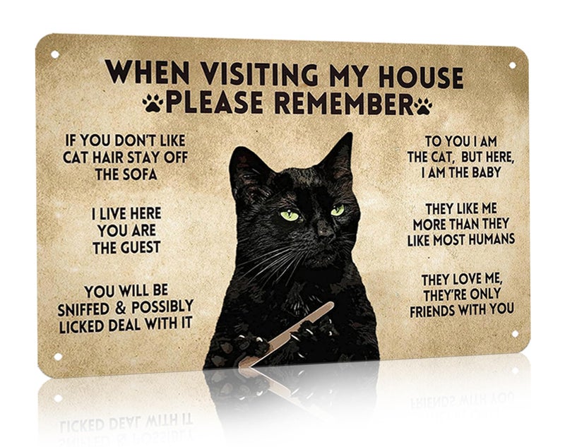 CrazySign Funny Black Cat Vintage Metal Sign When Visiting My House Please Remember Sign for Home Living Room Bedroom Cat House Wall Decor 8 x 12 Inch (3005) - Image 1