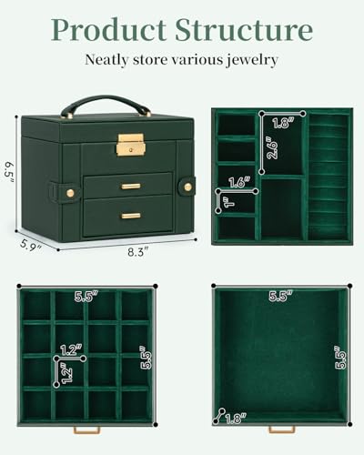 TORIBIO Jewelry Box for Women, Leather Jewelry Organizer with Mirror & Lock, 3-Tier Jewelry Storage Organizer with 2 Drawers for Girls/Women/Mothers, Necklace Earring Bracelets Holder Organizer - Image 3
