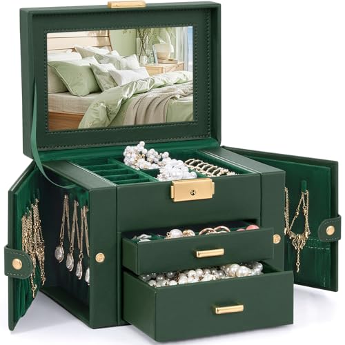 TORIBIO Jewelry Box for Women, Leather Jewelry Organizer with Mirror & Lock, 3-Tier Jewelry Storage Organizer with 2 Drawers for Girls/Women/Mothers, Necklace Earring Bracelets Holder Organizer - Image 2