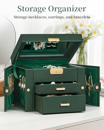 TORIBIO Jewelry Box for Women, Leather Jewelry Organizer with Mirror & Lock, 3-Tier Jewelry Storage Organizer with 2 Drawers for Girls/Women/Mothers, Necklace Earring Bracelets Holder Organizer - Image 4