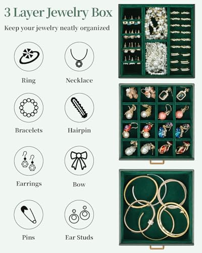 TORIBIO Jewelry Box for Women, Leather Jewelry Organizer with Mirror & Lock, 3-Tier Jewelry Storage Organizer with 2 Drawers for Girls/Women/Mothers, Necklace Earring Bracelets Holder Organizer - Image 5