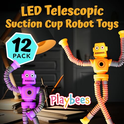 Playbees LED Telescopic Suction Cup Robot Toys 12PACK Shape Changing Educational Fidget Toys Sensory Toys ADHD Autistic Stimulating Creative Learning Pop Tubes Robot Party Favors - Image 5